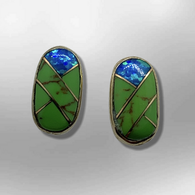 Bronze Inlay different Stones Long Oval Round Shape Post Earrings