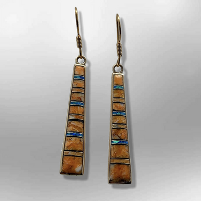 Bronze Handmade Inlay Stones Straight Sticks Hook Earrings