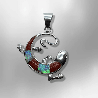 Sterling Silver Handmade Inlay Different Stones Lizard Round Shape Pendant