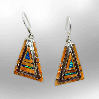 Handmade Inlay Stones Sterling Silver Triangle Shape Thick Hook Earrings