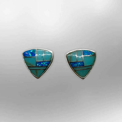Sterling Silver Handmade Inlay Stones Shield Shape Small Stud Earrings