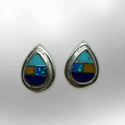 Sterling Silver Handmade Inlay Different Stones Small Teardrop Shape Stud Post Earrings