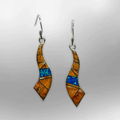 Sterling Silver Inlay Handmade Different Stones Horn Shape Hook Earrings
