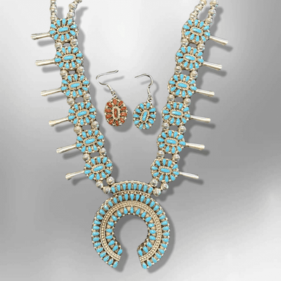 Sterling Silver Navajo Handmade Cluster Stone Reversible Squash Blossom Necklace Set