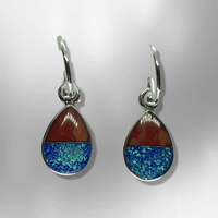 Sterling Silver Inlay Half Stones Half Opal Teardrop Shape Hook Earrings - Kachina City