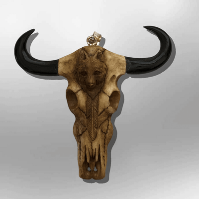 Hand carved Buffalo Head with Horn Wolf and Feather Detailed Bone Carved Pendant