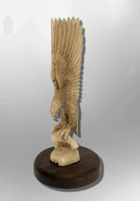 Handmade Bone Carved Full Landing Eagle Full Body No Paint Feather Detailed with Wood Base Table Fetish