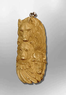 Handmade Bone Carved Wolf Bear Buffalo Head and Feather Long Oval Shape Curved Back No Paint Detailed Pendant