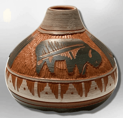 Handmade Indian Native Navajo Clay Etched Small Brown Buffalo Design Narrow Hole Oval Shape Pottery