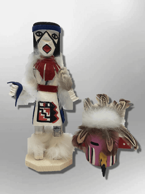 Navajo Handmade Painted Aspen Wood Six Inch Red Tail Hawk with Mask Kachina Doll