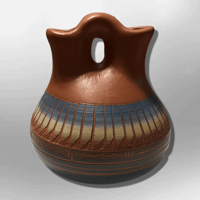 Handmade Indian Native Navajo Clay Etched Small Brown Wedding Vase Shape Pottery
