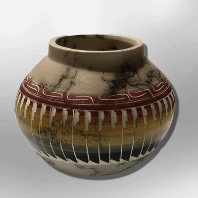 Handmade Indian Native Navajo Clay with Horse Hair Small Round Vase Medium Hole Shape Pottery