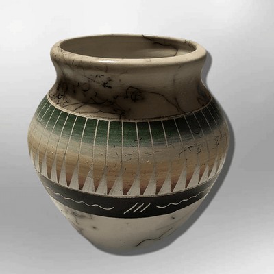 Handmade Indian Native Navajo Clay with Horse Hair Small Oval Vase Wide Opening Shape Pottery