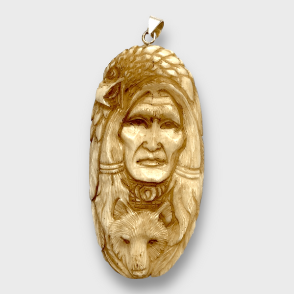 Handmade Bone Carved Indian Head with Eagle Head and Wolf Head Feather Long Oval Shape Curved Back No Paint Detailed Pendant