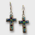 Bronze Handmade Different Stones Inlay Cross Hook Earrings