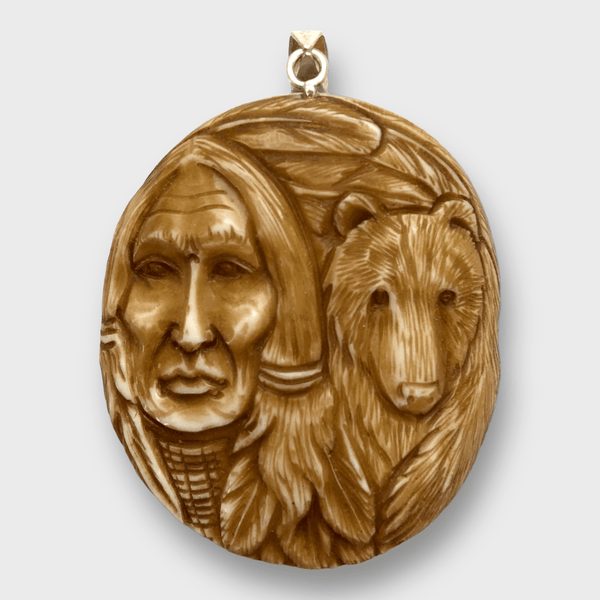 Bone Carved Handmade Indian Head with Bear Head Feather Round Circular Shape Curved Back No Paint Detailed Pendant