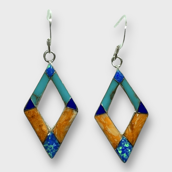 Handmade Inlay Stones Sterling Silver with Opal Hollow Diamond Shape Hook Earrings