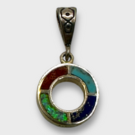 Sterling Silver Handmade Inlay Reversible Multi Stone With Opal Round Circle Pendant