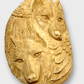 Bone Carved Handmade two Wolf Heads with Feather and Claw Round Oval Shape Curved Back No Paint Detailed Pendant