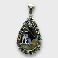 Sterling Silver Handmade Inlay Teardrop Shape Pueblo Abalone Shell Pendant