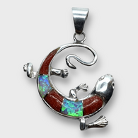 Sterling Silver Handmade Inlay Different Stones Lizard Round Shape Pendant