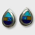 Sterling Silver Handmade Inlay Different Stones Small Teardrop Shape Stud Post Earrings