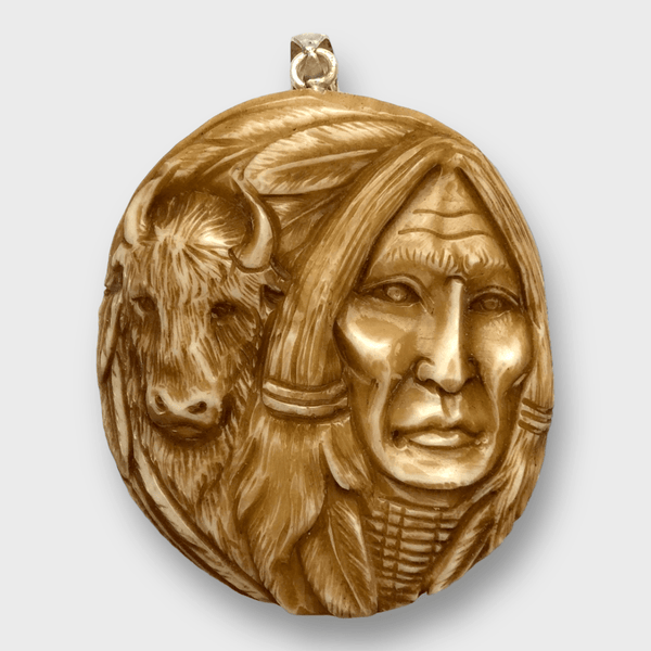 Bone Carved Handmade Indian Head with Buffalo Head Feather Round Circular Shape Curved Back No Paint Detailed Pendant