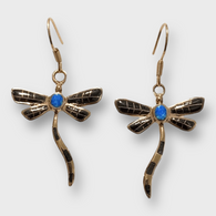 Bronze Inlay Stones Handmade Dragonfly Shape Hook Earrings