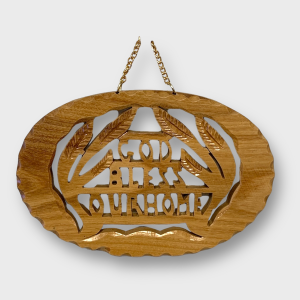 Hand Carved Olive Wood God Bless Our Home Round Oval Wall Plaque