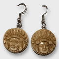 Bone Carved Round Indian Chief Head No Paint Handmade Detailed Hook Dangle Earrings