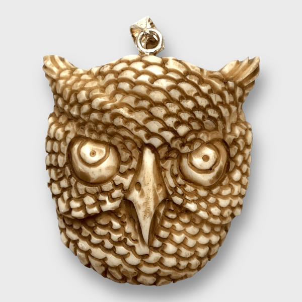 Handmade Bone Carved Owl Head Shape Curved Back No Paint Detailed Pendant