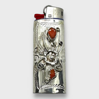 Sterling Silver Navajo Handmade with Coral Stones Small Lighter Mini Case