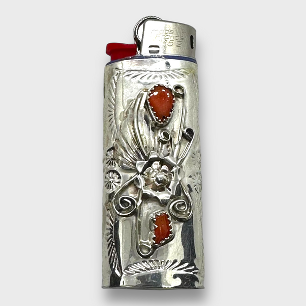 Sterling Silver Navajo Handmade with Coral Stones Small Lighter Mini Case