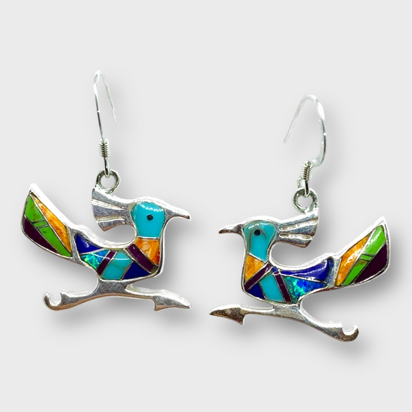 Sterling Silver Handmade Inlay Multi-Stone with Opal Roadrunner Hook Earrings