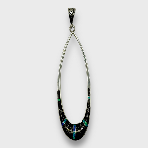 Sterling Silver Handmade Inlay Black Onyx Long Oval Teardrop Hollow Pendant