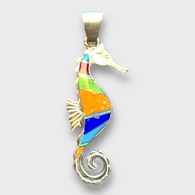 Sterling Silver Inlay Handmade Multi Stone Seahorse Shape Pendant