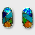 Sterling Silver Inlay different Stones Long Oval Round Shape Post Earrings