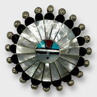 Sterling Silver Zuni Handmade Inlay Multi-Stone and Shells Round Sun Face Pin and Pendant