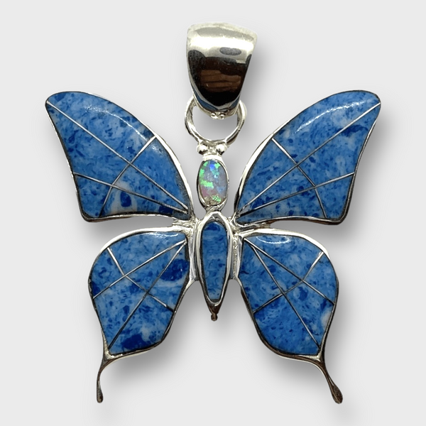 Sterling Silver Inlay Different Stones Medium Butterfly Shape Pendant