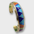 Bronze Handmade Inlay Stones Ridged Edges Cuff Bracelet