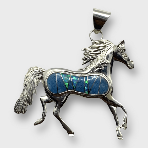 Sterling Silver Handmade Inlay Different Stones Large Horse Pendant