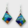 Sterling Silver Handmade Inlay Stones with Opal Rhombus Kite Shape Hook Earrings