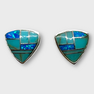 Sterling Silver Handmade Inlay Stones Shield Shape Small Stud Earrings