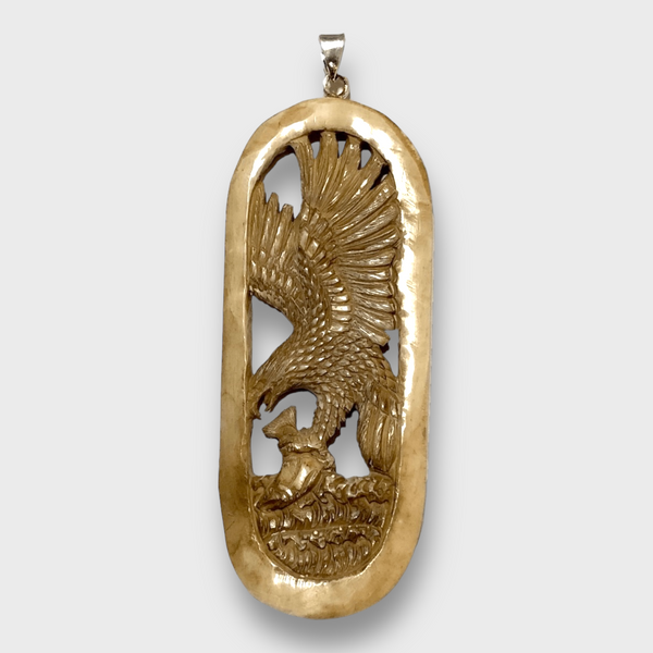 Handmade Bone Carved Long Hollow Oval Round Flying Landing Eagle No Paint Detailed Pendant