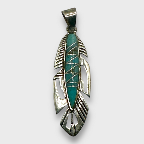 Sterling Silver Handmade Inlay Turquoise Feather Shape Pendant