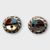 Sterling Silver Zuni Handmade Stone Inlay Small Sun Face Round Stud Earrings