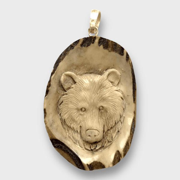 Bone Carved Handmade No Paint Bear Head Oval Flat Back Detailed Pendant