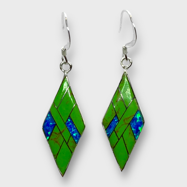 Handmade Inlay Sterling Silver Different Stone with Opal Diamond Rhombus Shape Hook Earrings