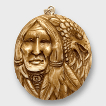 Bone Carved Handmade Indian Head with Eagle Head Feather Round Circular Shape Curved Back No Paint Detailed Pendant