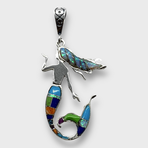 Inlay Multiple Stones Sterling Silver Mermaid Shape Pendant